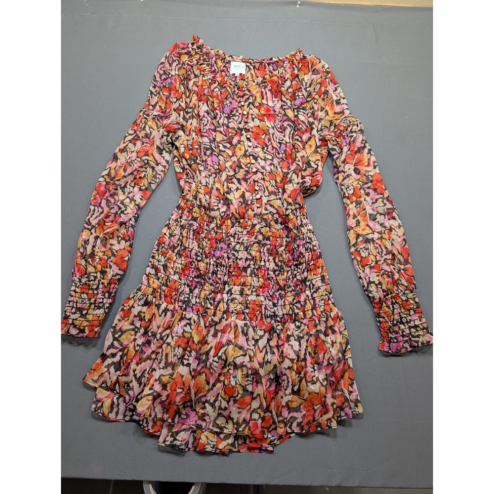 MISA Los Angeles Floral Smocked Mini Dress Long Sleeve Size M
